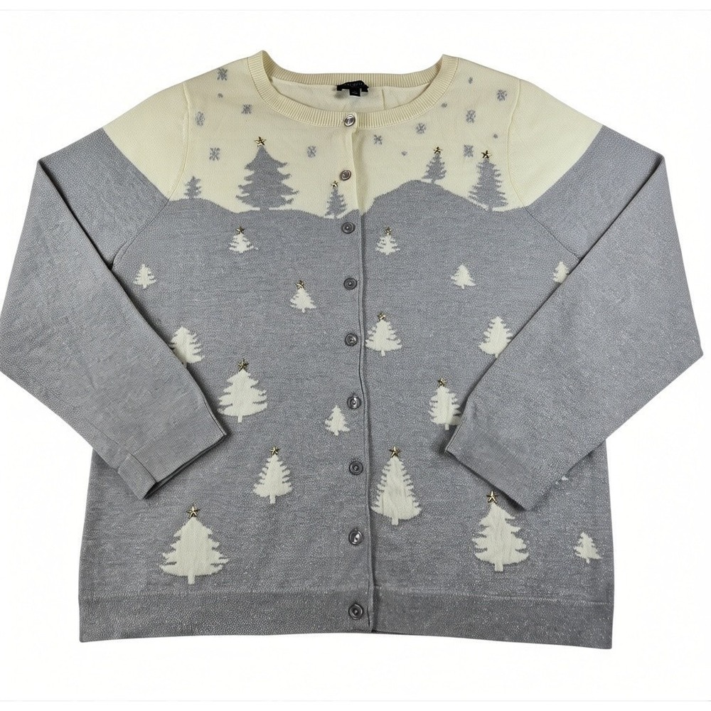 Talbots Plus Womens 1X Cardigan Grey Metallic Christmas Tree Cashmere Blend